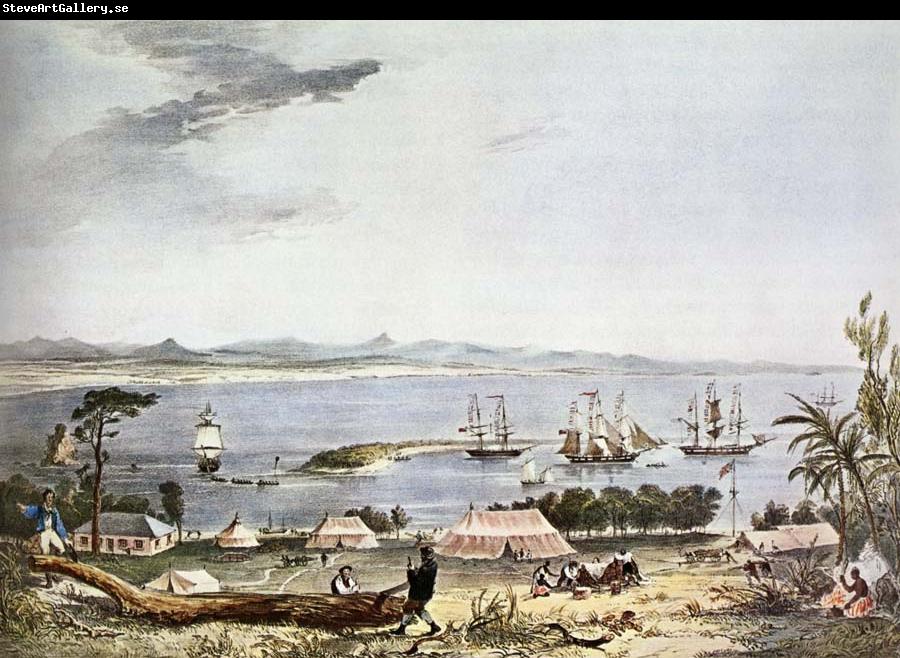 unknow artist That vy over Nelson Sea pa New Zealand millings 1841 of T.Allom and am combining a charmfull konstnarlig maybe with a very grand precise in detaljer,s